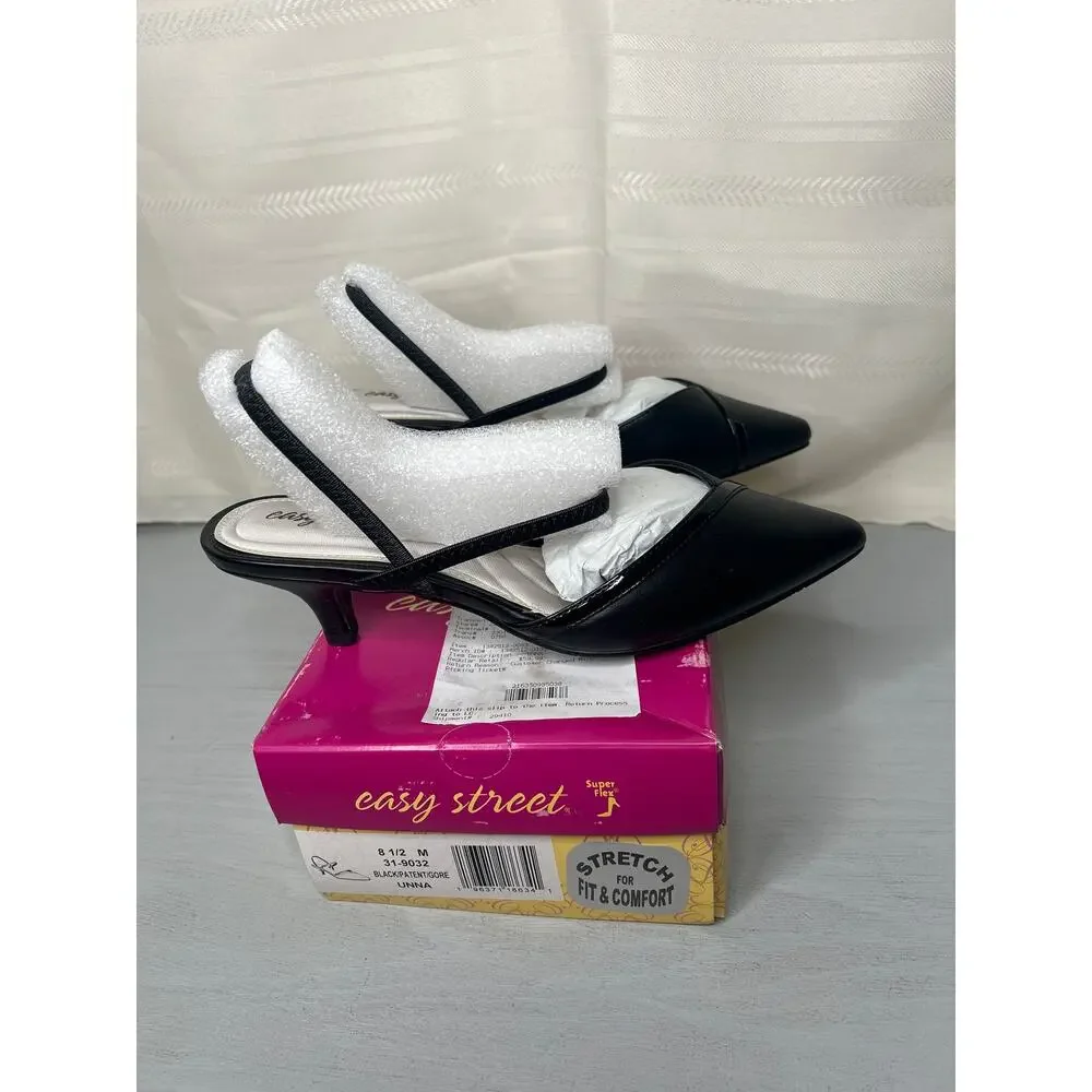NIB Easy Street Unna Womens 8.5 M Black Multi Strap Pointed Toe Kitten Heels